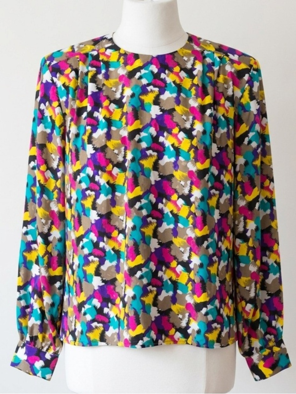 Vintage 1980s Colorful Abstract Paintbrush Pleated Detail Blouse Size 10